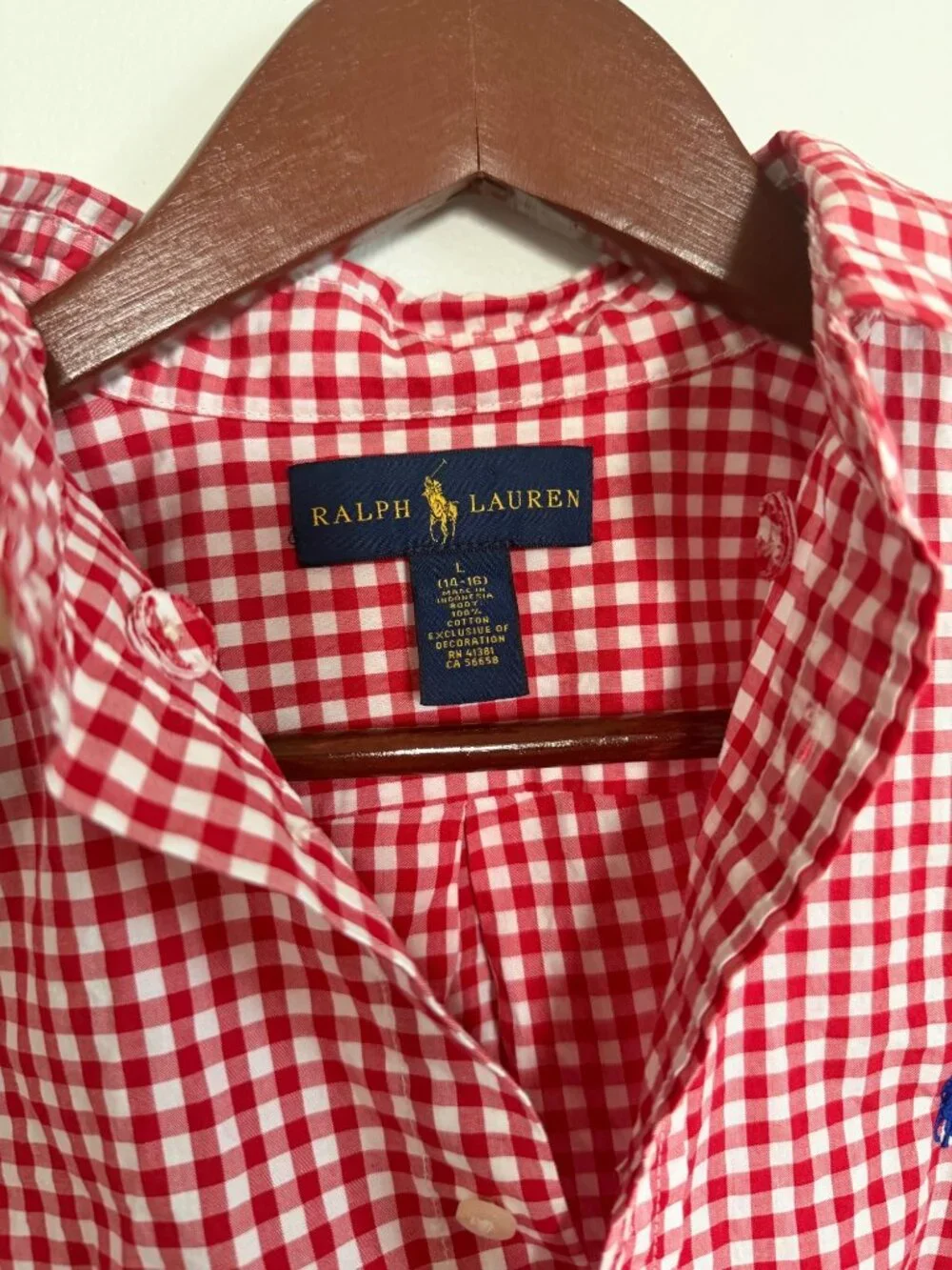 Ralph Lauren Boys Red White Gingham Button Down Shirt Large 14/16 Like New